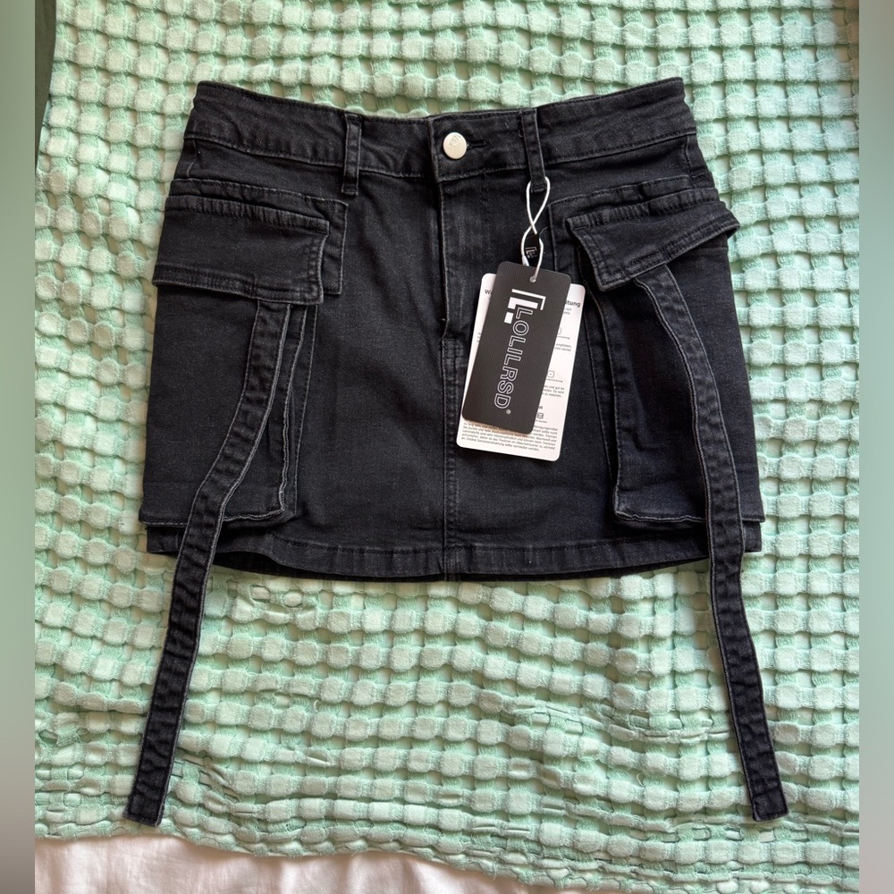 Black Denim Cargo Mini Skirt